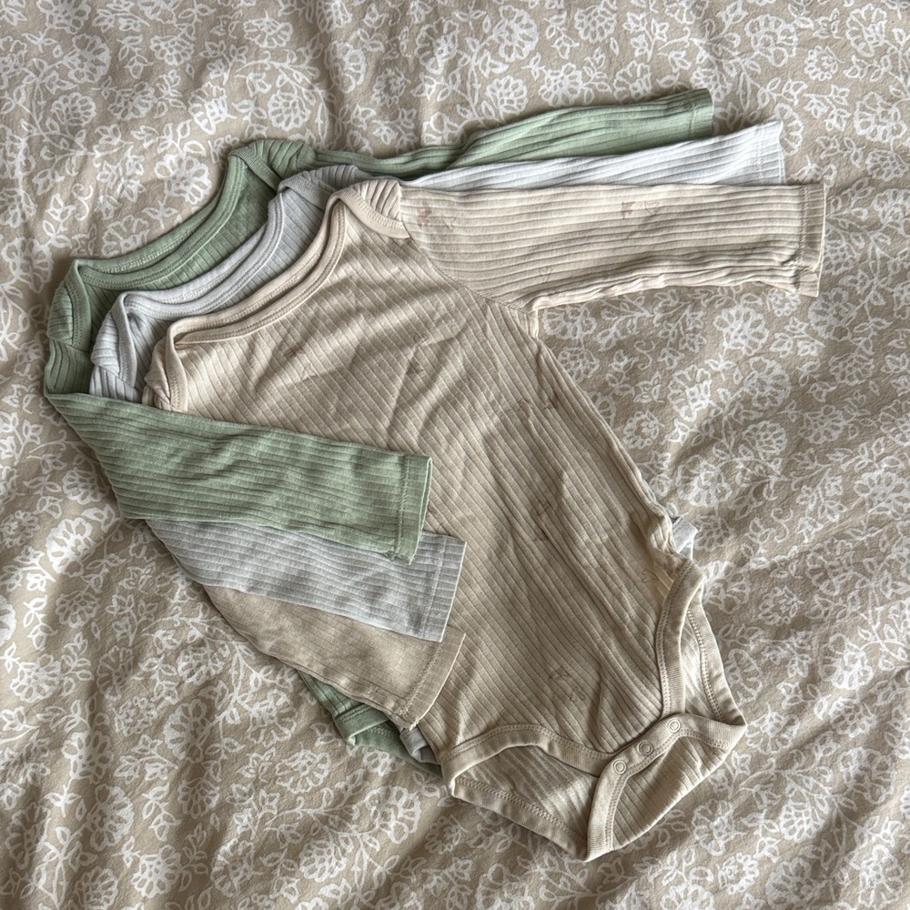 Cloud Island Ribbed Bodysuits in Green, Beige, and Gray